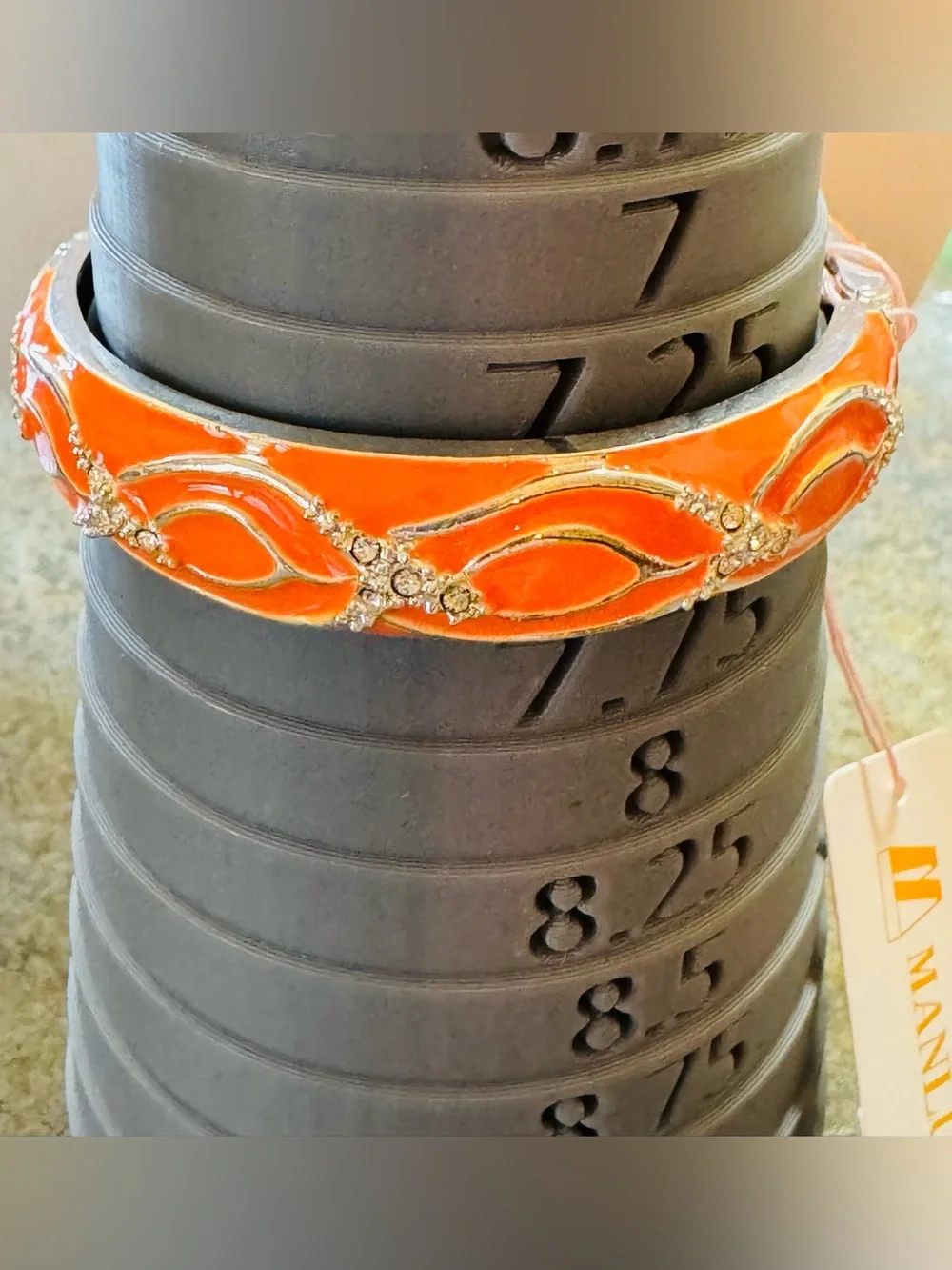 Orange Enamel & Rhinestone Clamper Bangle Bracelet